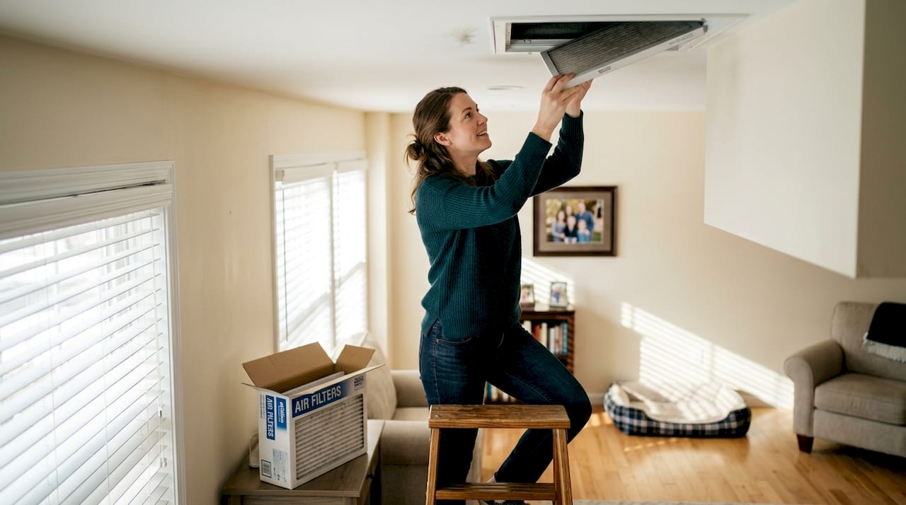 Woman changing home air filter at vent