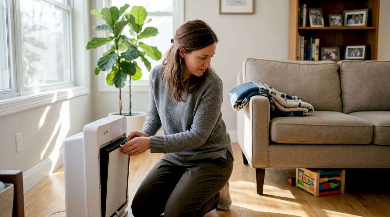 Woman replacing air purifier filter in living room