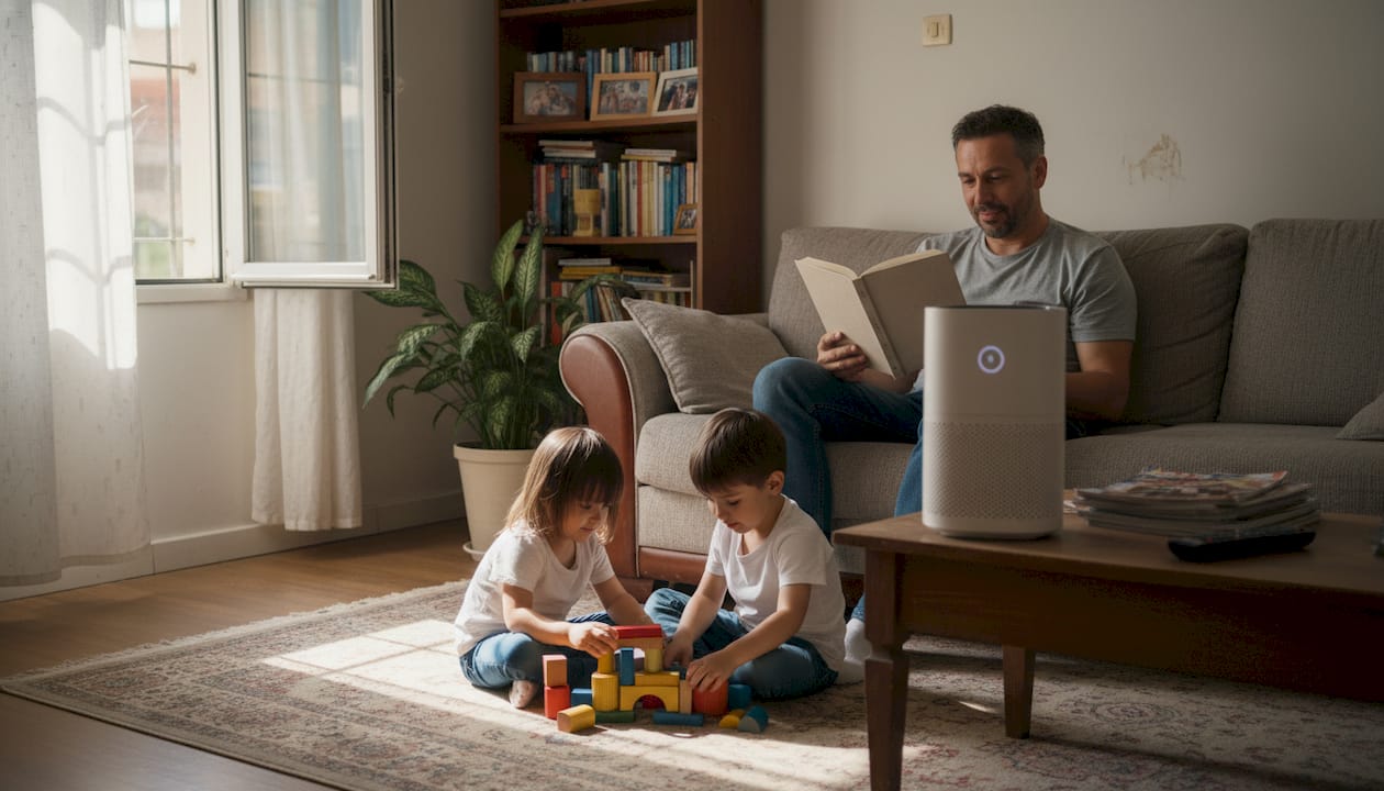 Family reading and playing in living room