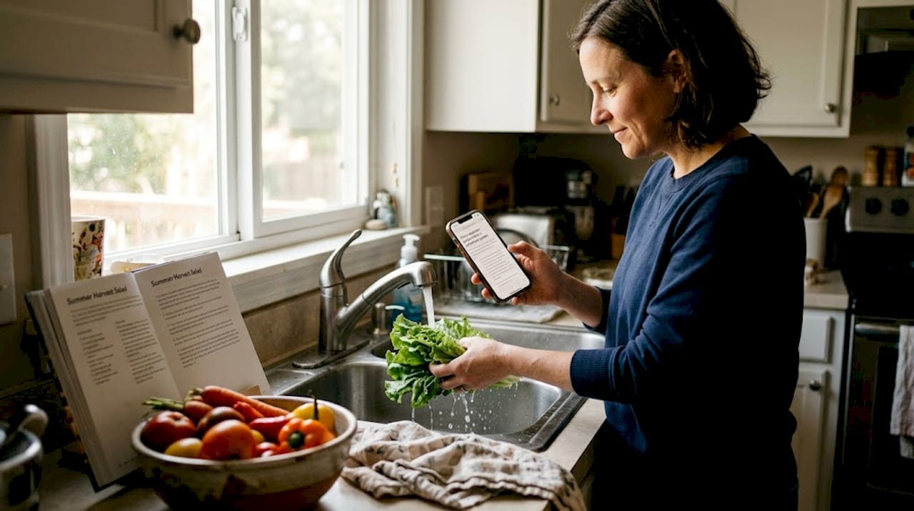 Woman purifying vegetables in home kitchen