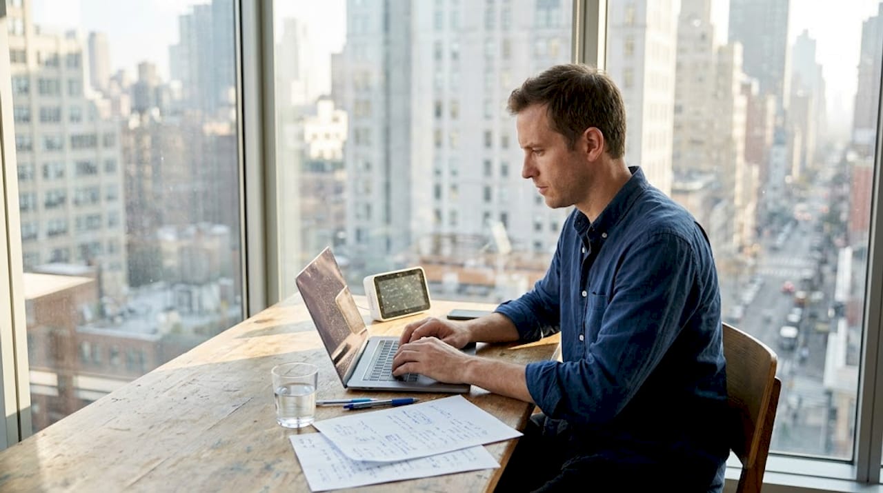 Man working at desk with air quality monitor