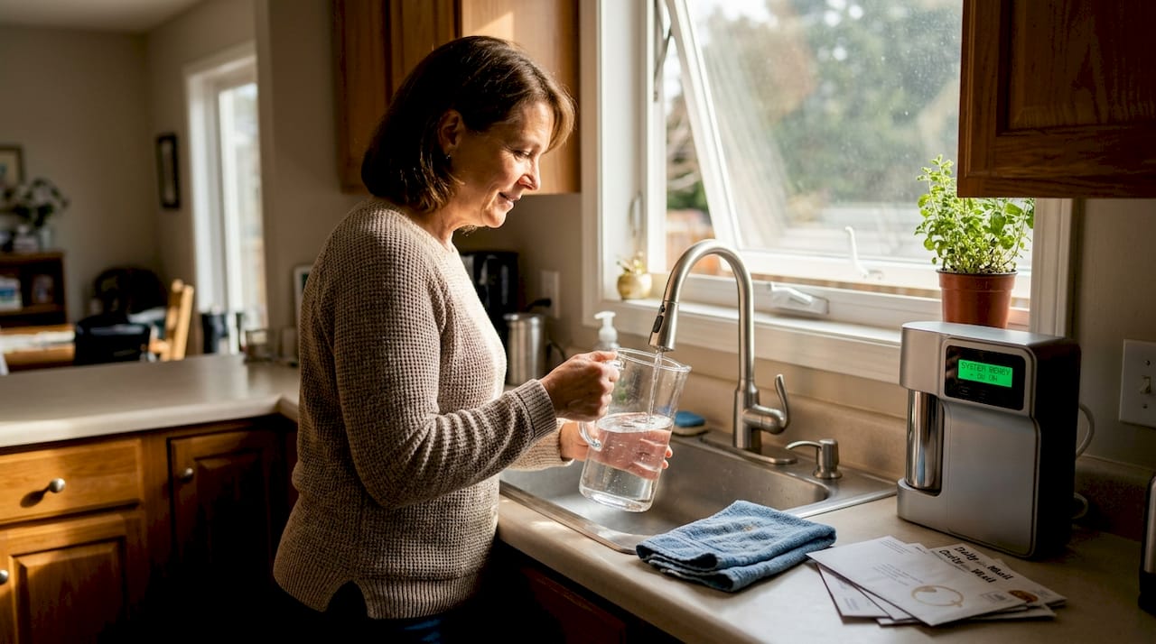 Homeowner examines water after UV filtration