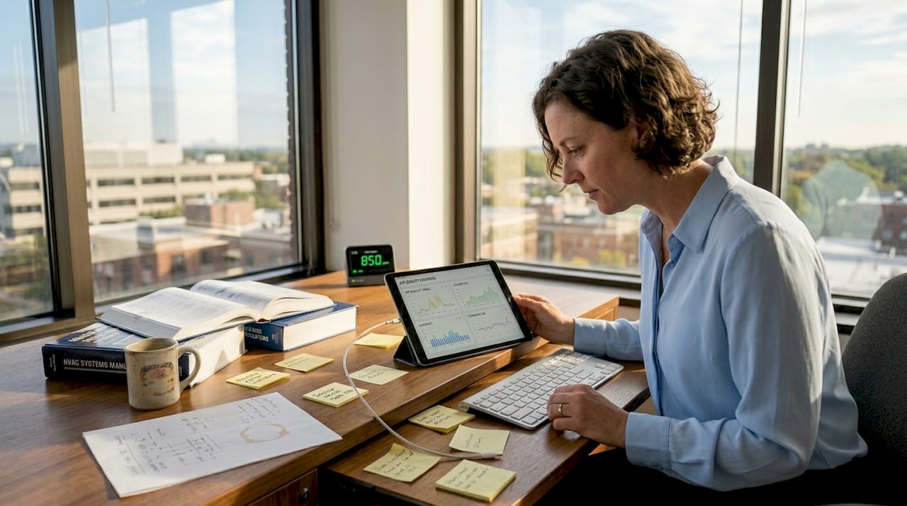 Manager reviewing air quality dashboard in office