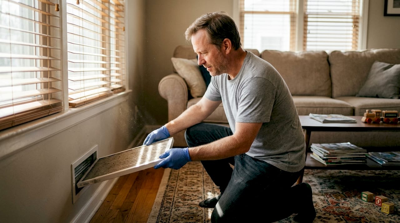 Man cleaning air filter in living room