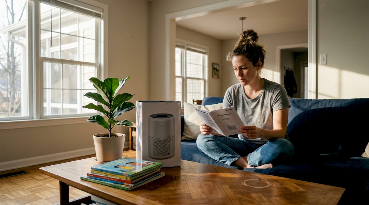 Woman setting up air purifier at home