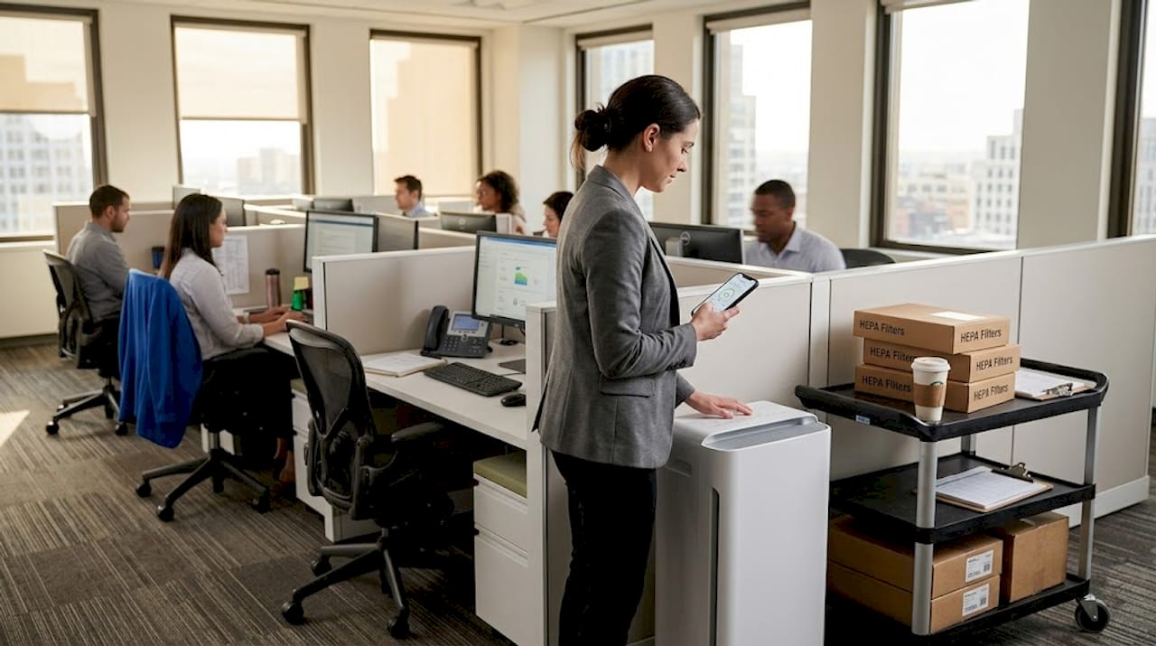 Staff checks air purifier in corner office