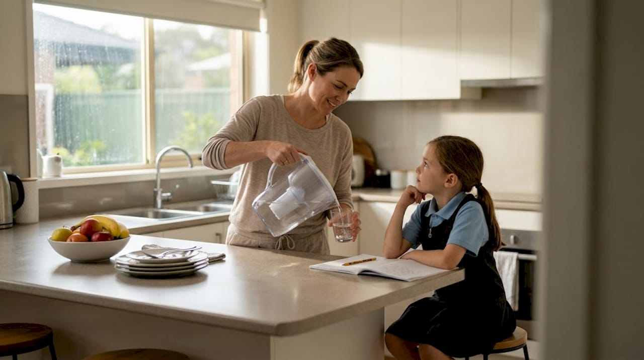 Mother pouring filtered water for daughter kitchen