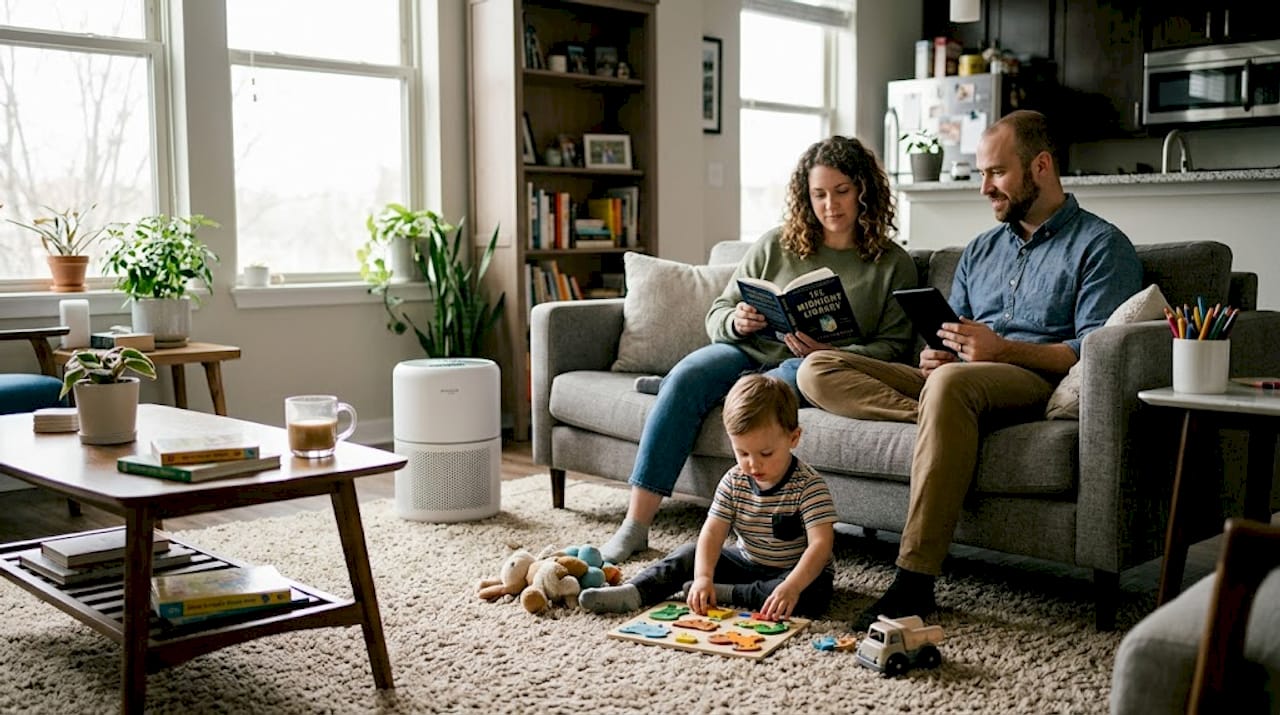Family using air purifier in bright living room