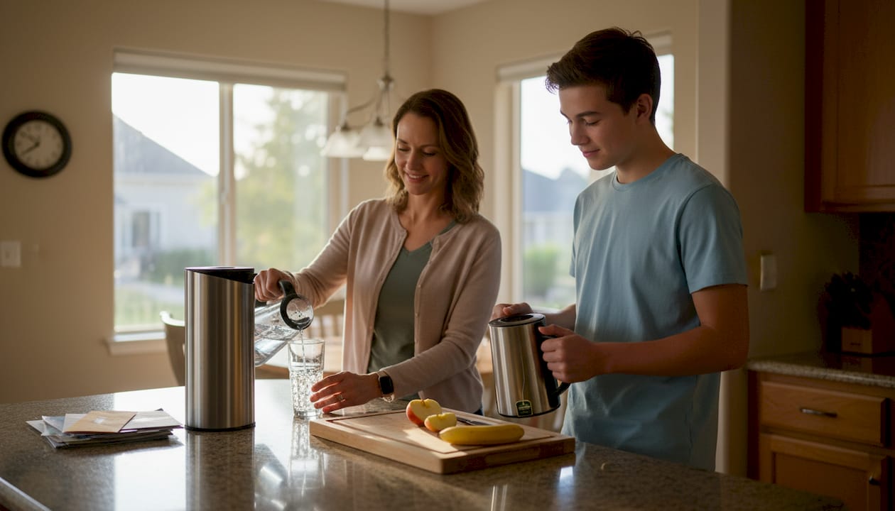 Family using water dispenser in kitchen