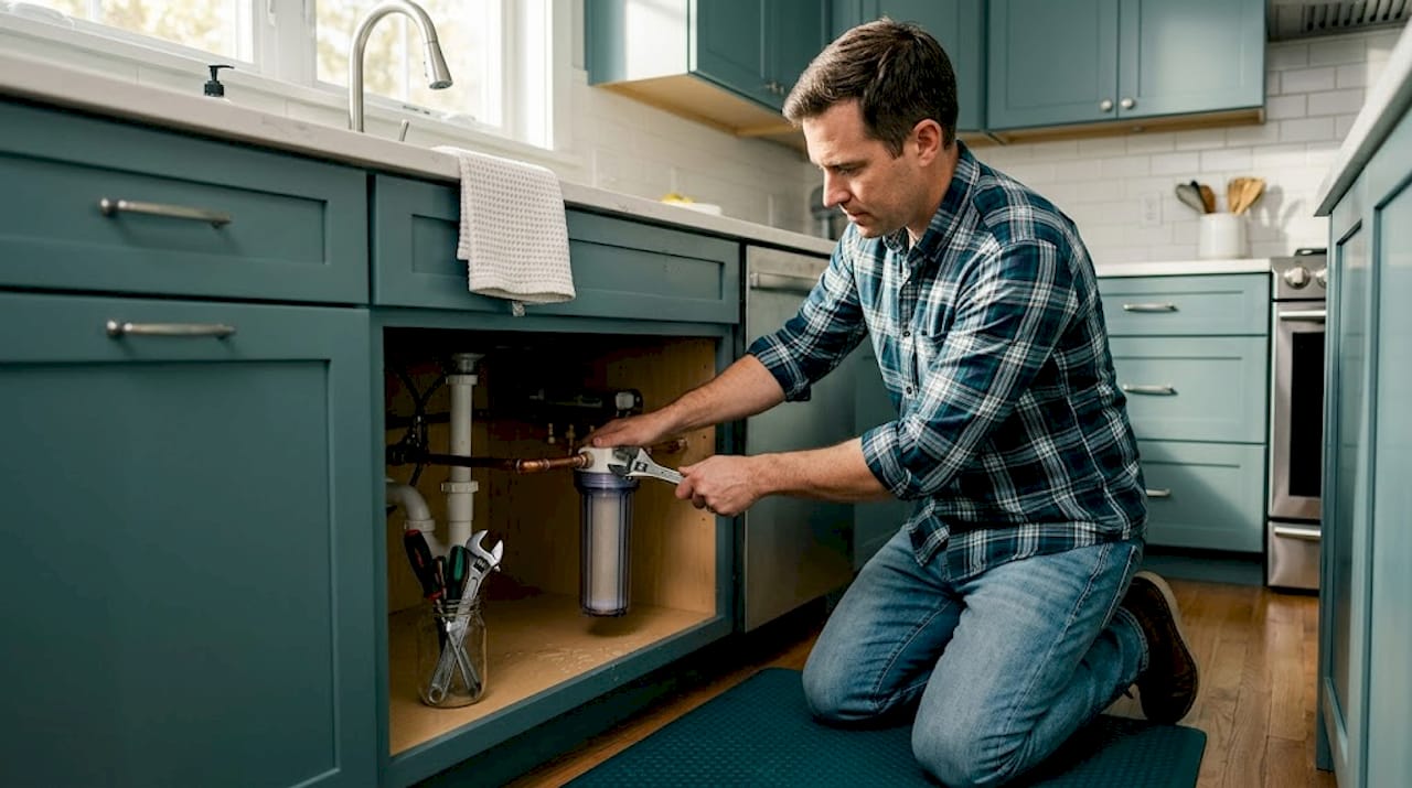 Homeowner installing sediment filter under sink