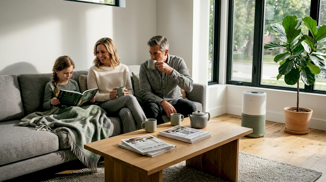 Family relaxing with air purifier in home