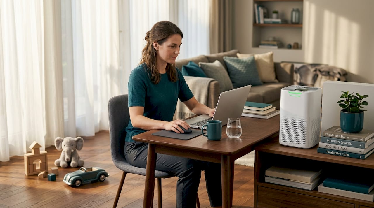 Woman using laptop near air purifier at home