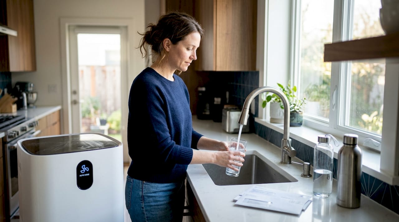 Homeowner filling glass beside air purifier