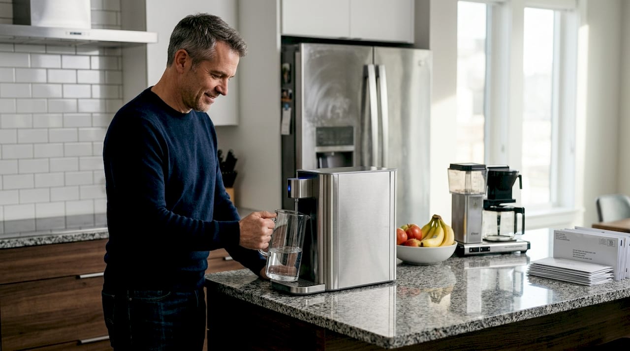 Homeowner fills pitcher from UV water purifier