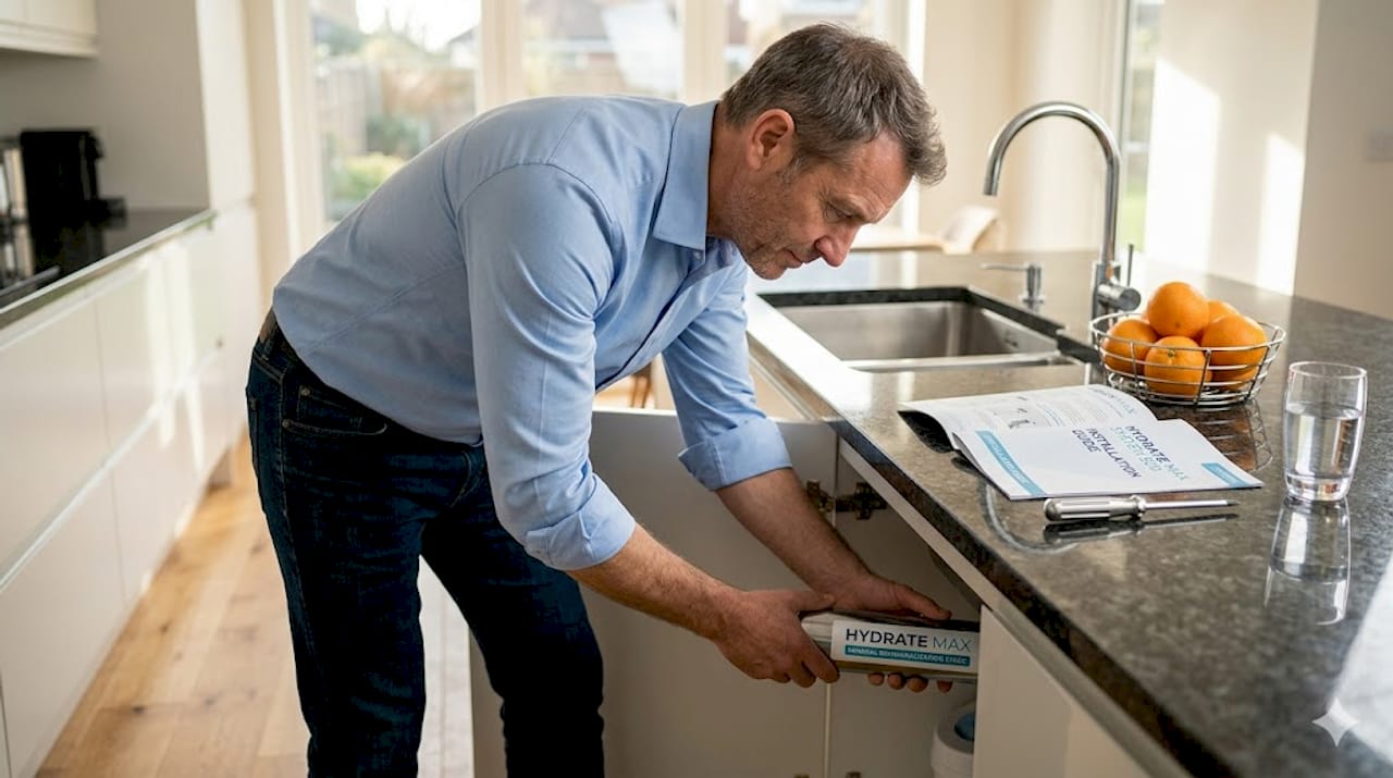 Person installing mineral filter in kitchen