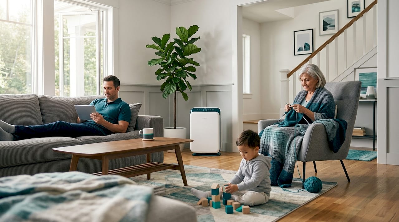 Family relaxing in living room with air purifier