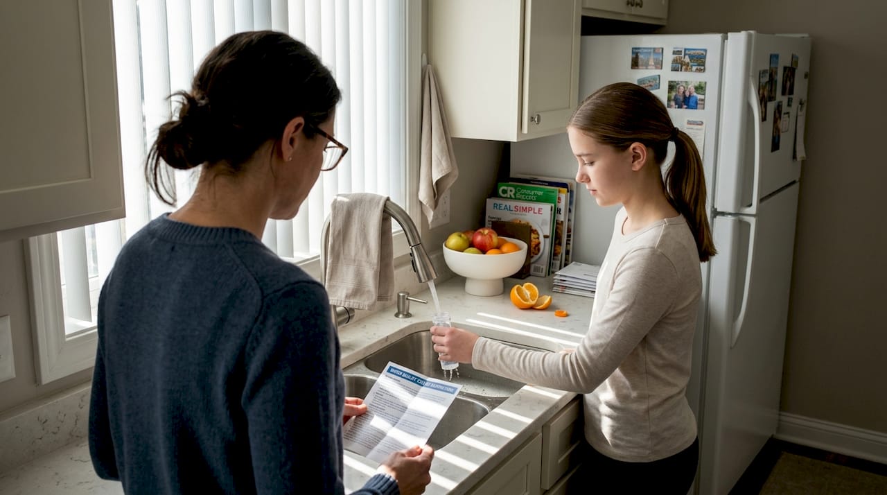 Mother and daughter testing kitchen tap water