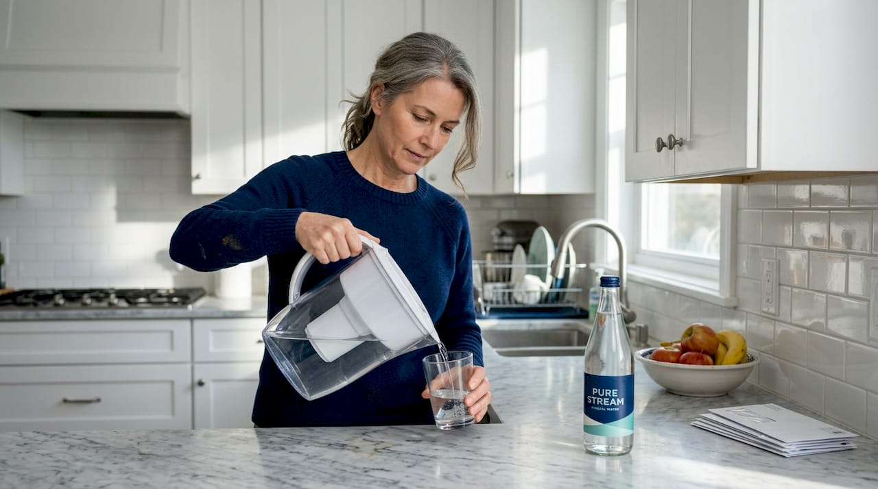 Woman pours filtered water beside bottled water