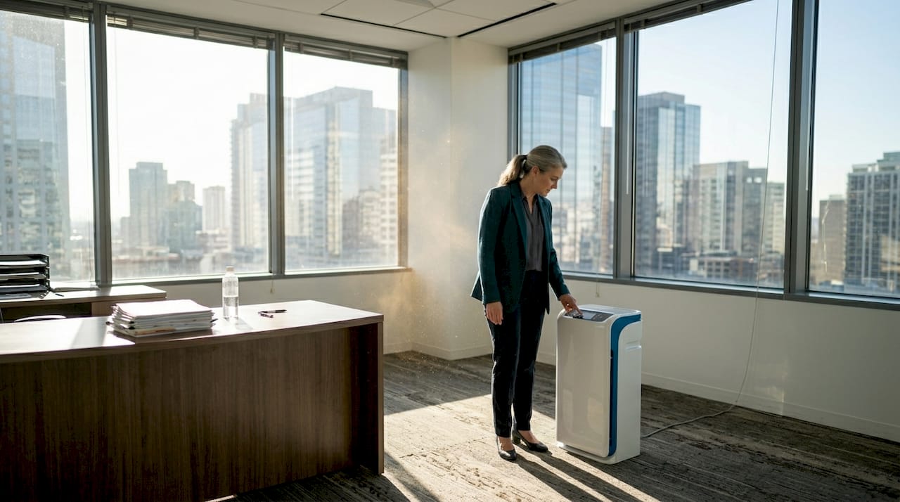 Facilities manager checks office air purifier