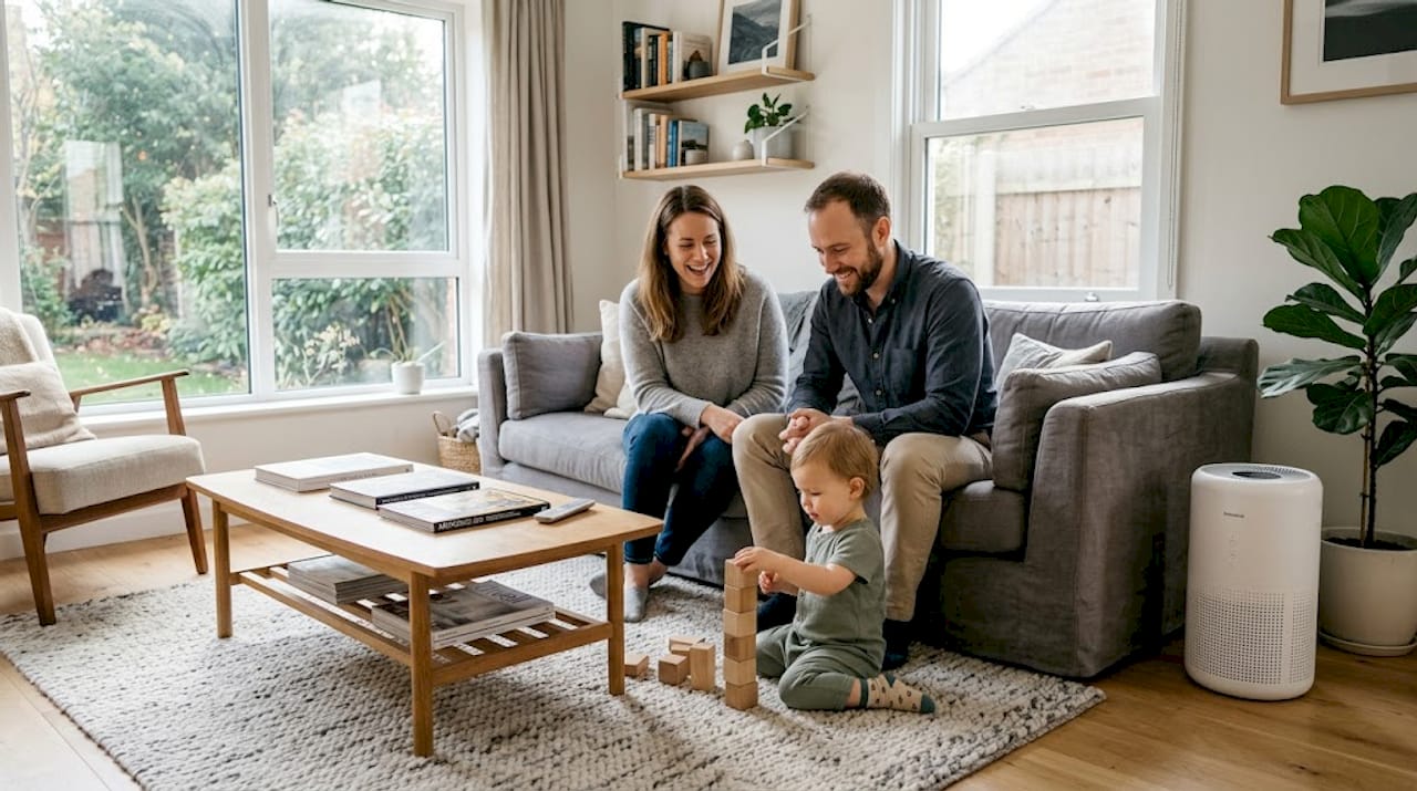 Family relaxing with air purifier in living room