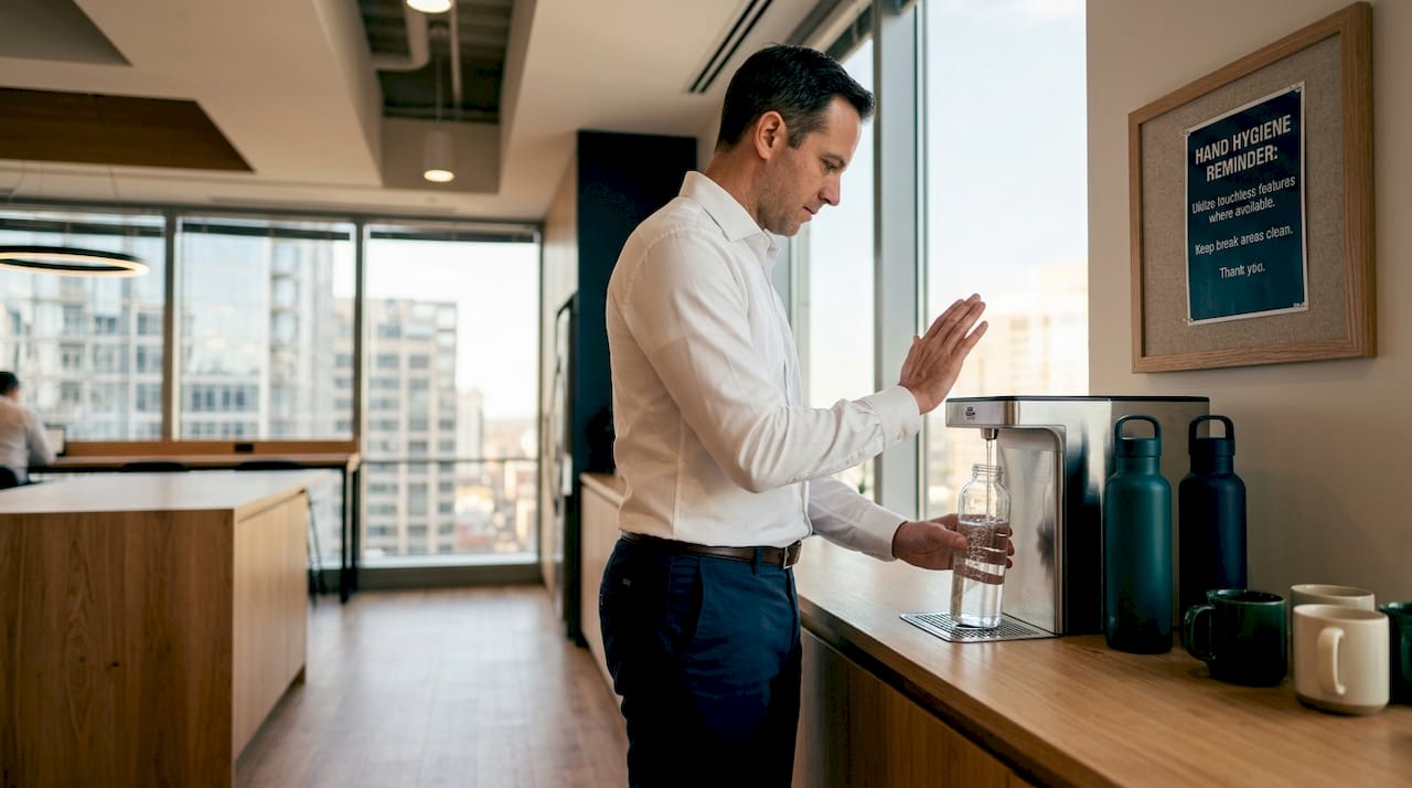 Office worker using touchless water dispenser