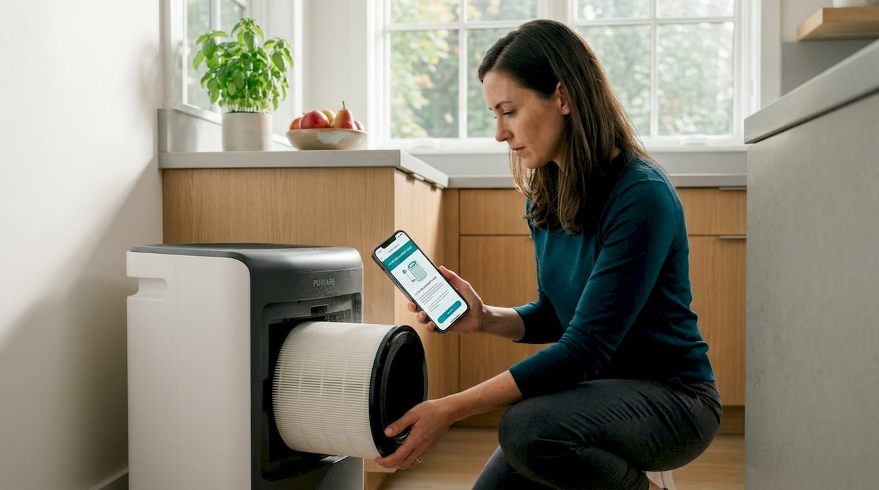 Woman cleaning home air purifier filter