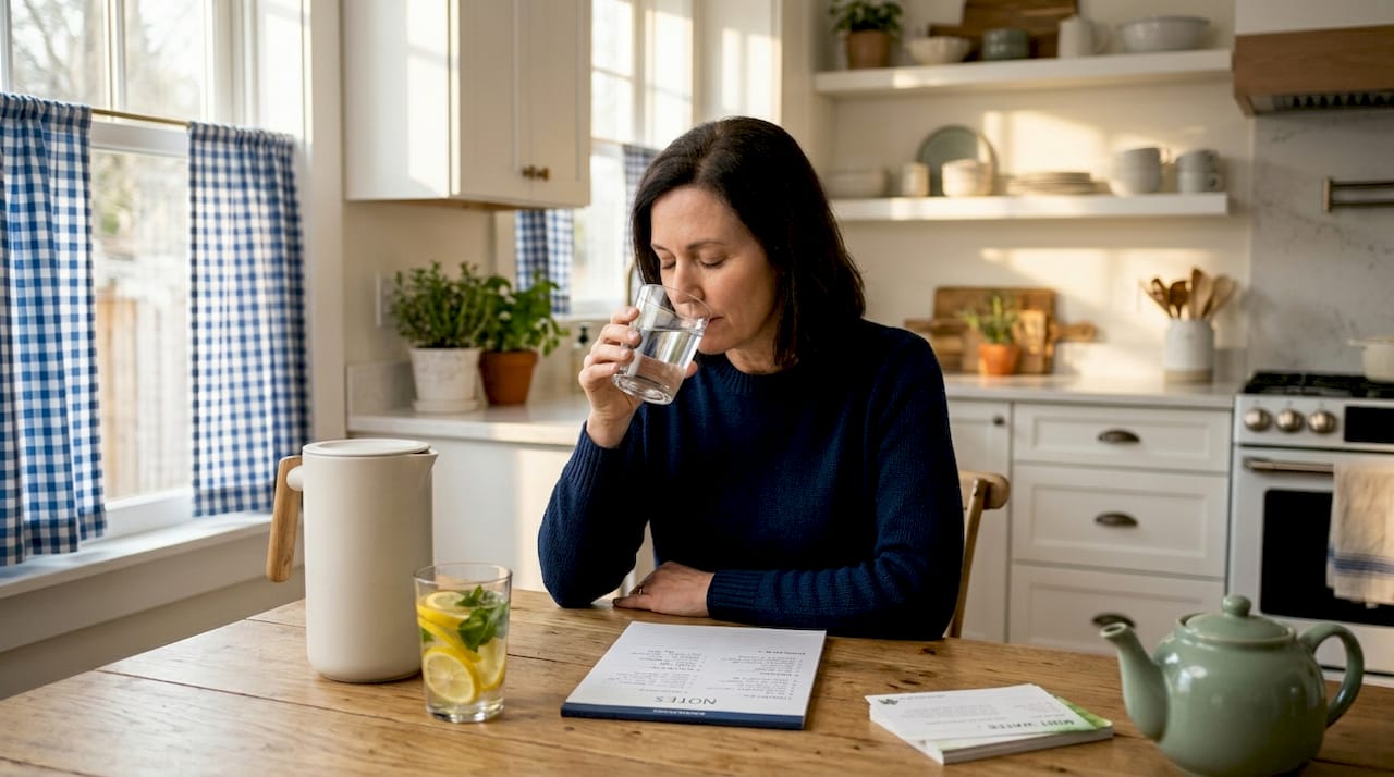 Woman evaluating water taste in kitchen setting