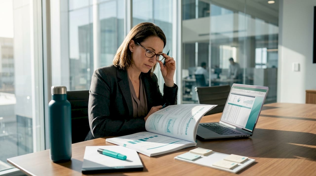 Manager reviewing 2025 water compliance documents
