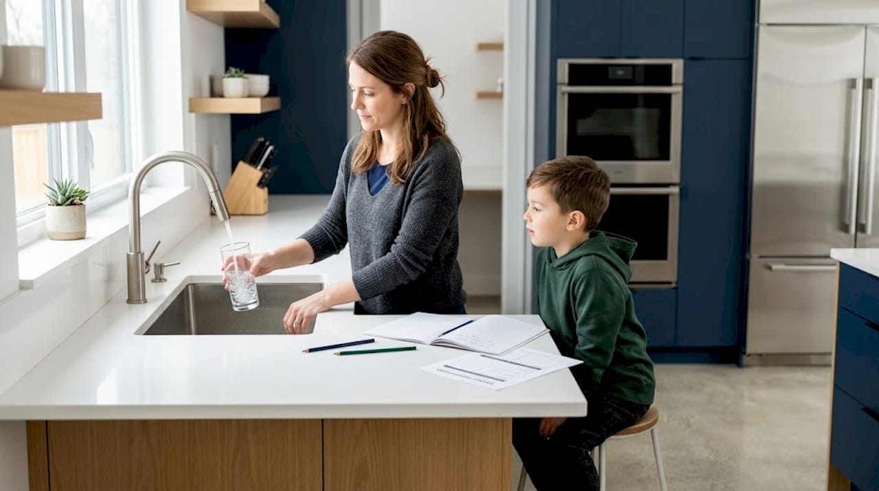 Mother and child checking kitchen faucet water