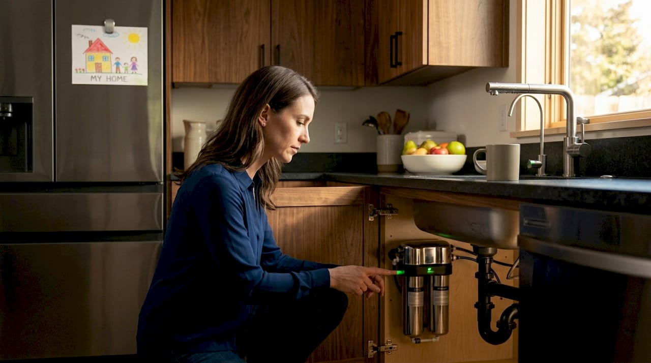 Woman checking filter indicator in kitchen