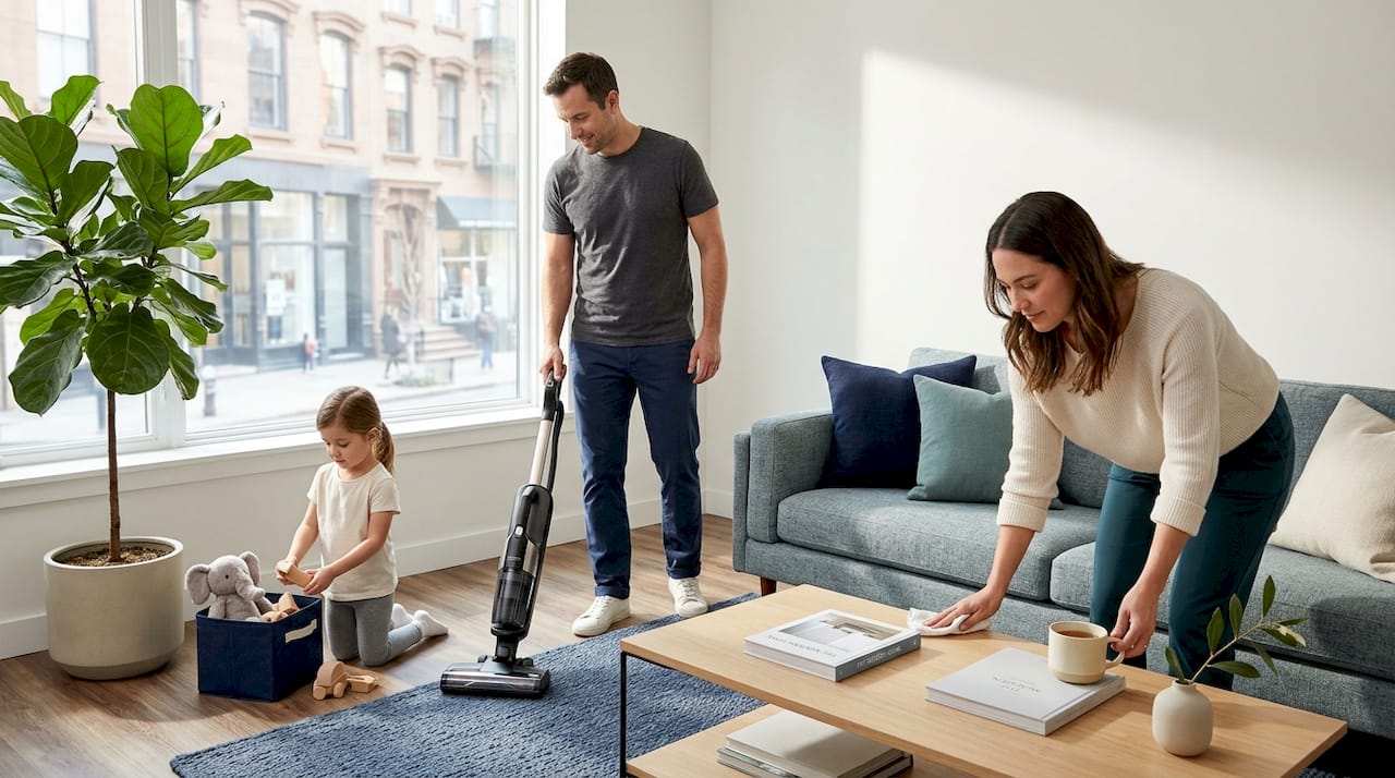 Family cleaning living room to reduce pollutants