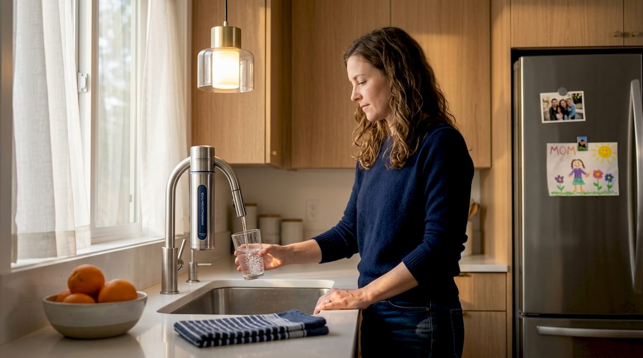 Person uses remineralization filter in everyday kitchen