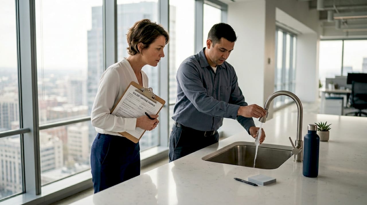 Office manager monitoring water quality check