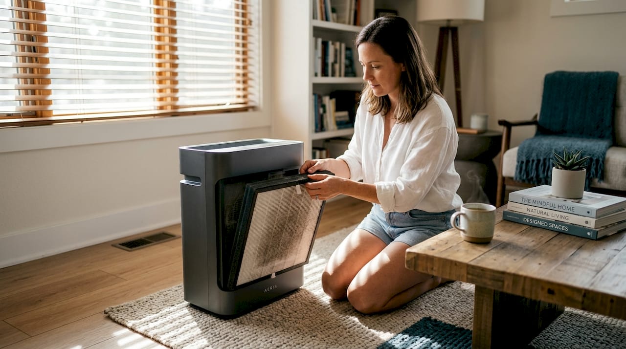 Woman checking HEPA filter in home air purifier