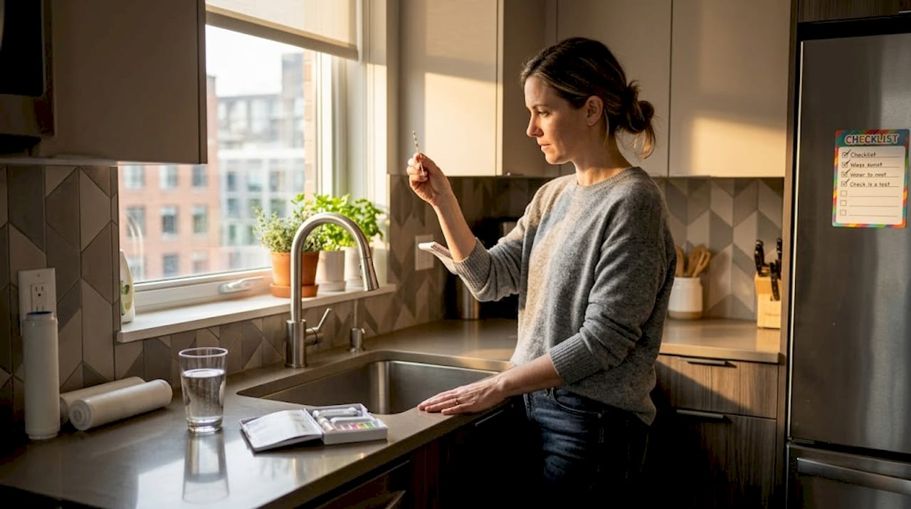 Woman checking home drinking water supplies