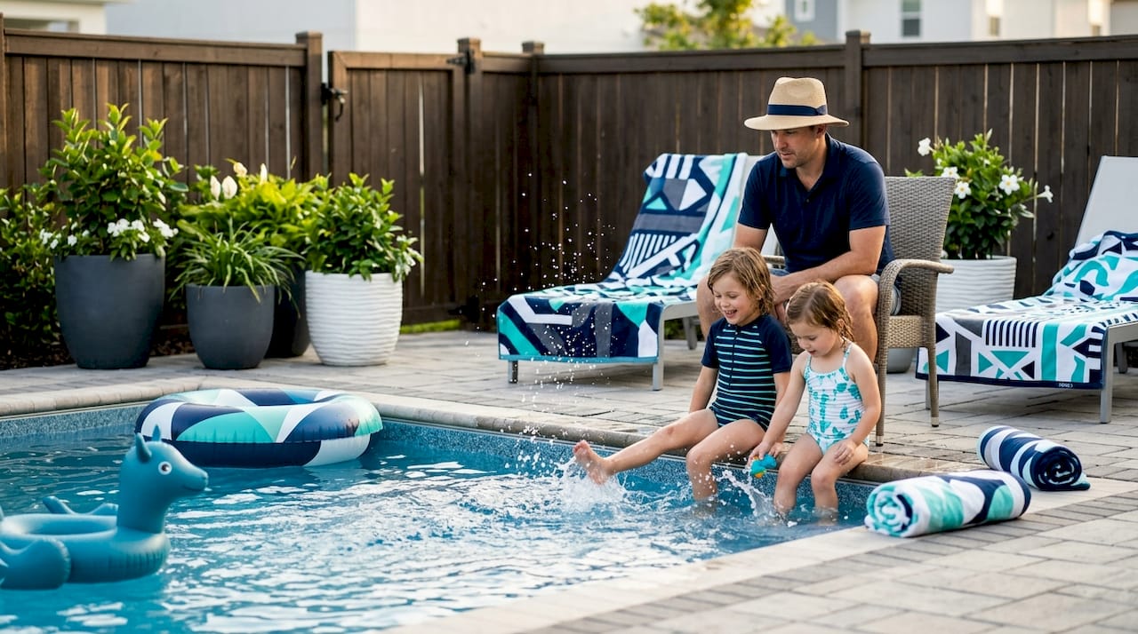 Father supervising children at backyard pool