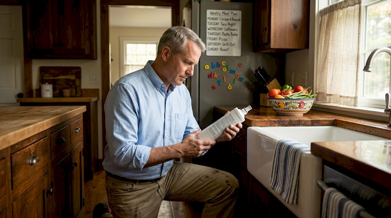 Homeowner inspecting kitchen sink water filter