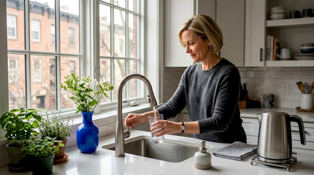 Homeowner drawing tap water in suburban kitchen