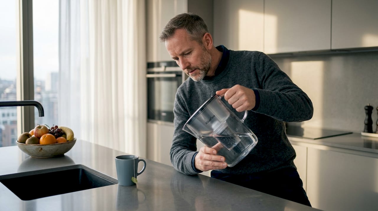 Man examines carbon filter in kitchen