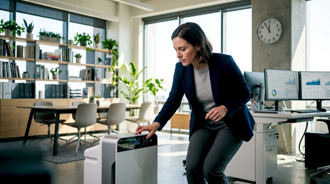 Manager checks air purifier in modern office