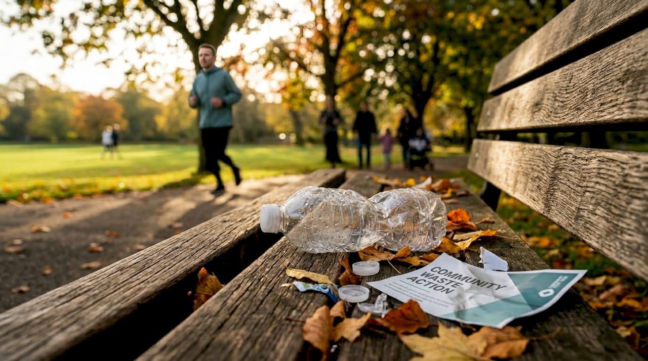 Discarded plastic bottled water on park bench