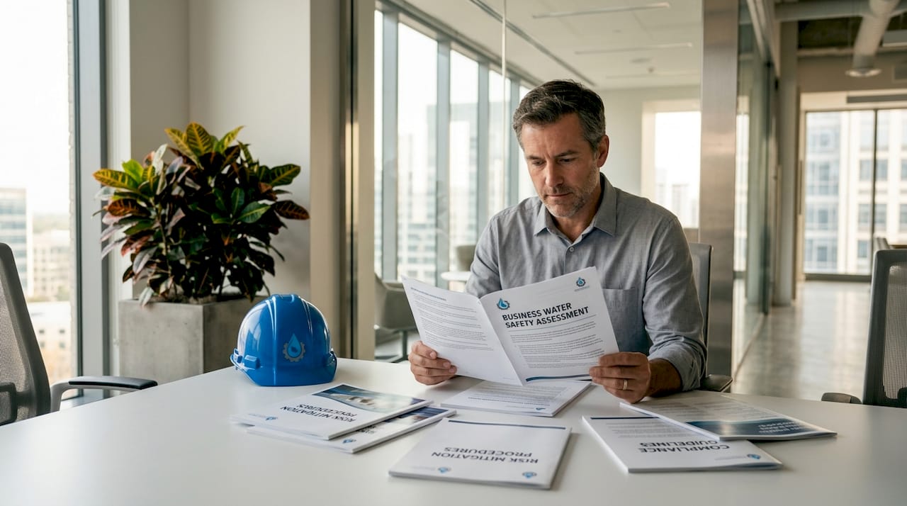 Manager reviewing water safety assessment in office