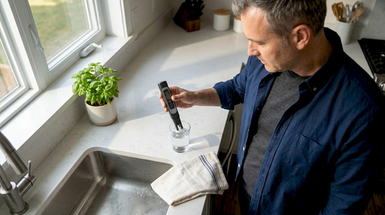 Homeowner testing tap water with TDS meter