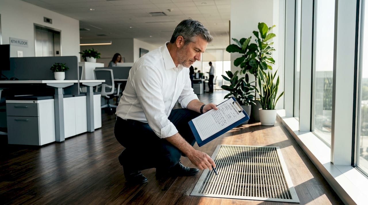 Facility manager inspecting office air vent