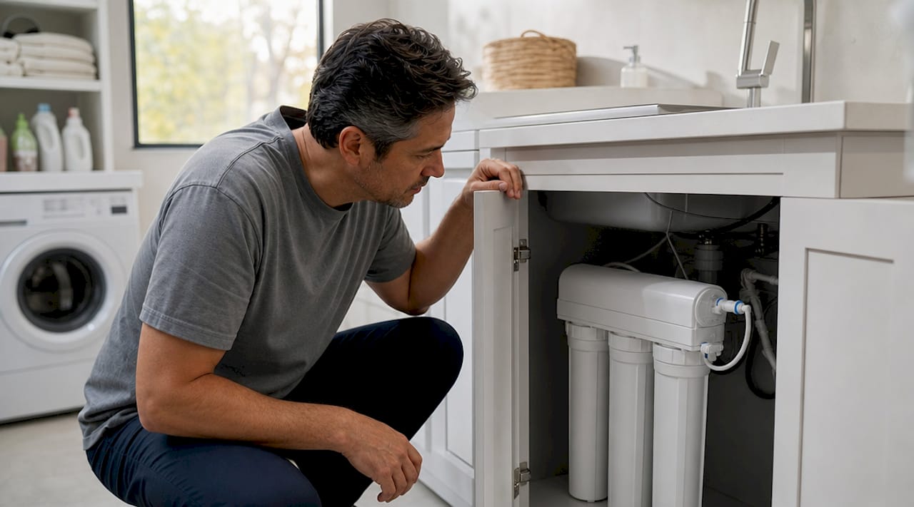 Man inspecting ultrafiltration purifier in kitchen