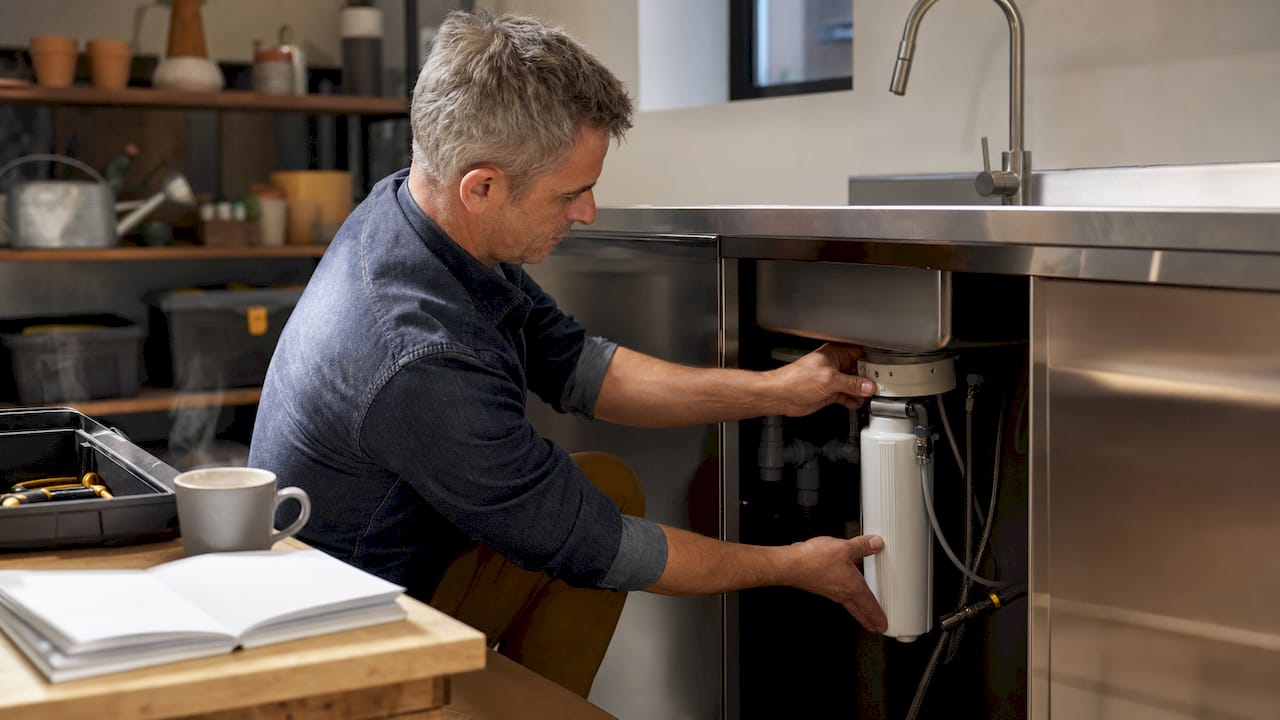 Man installing home water post-carbon filter