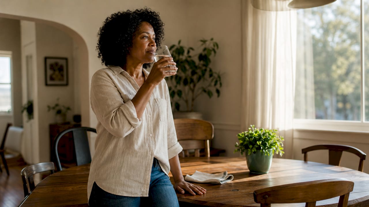 Woman tasting filtered water at home kitchen