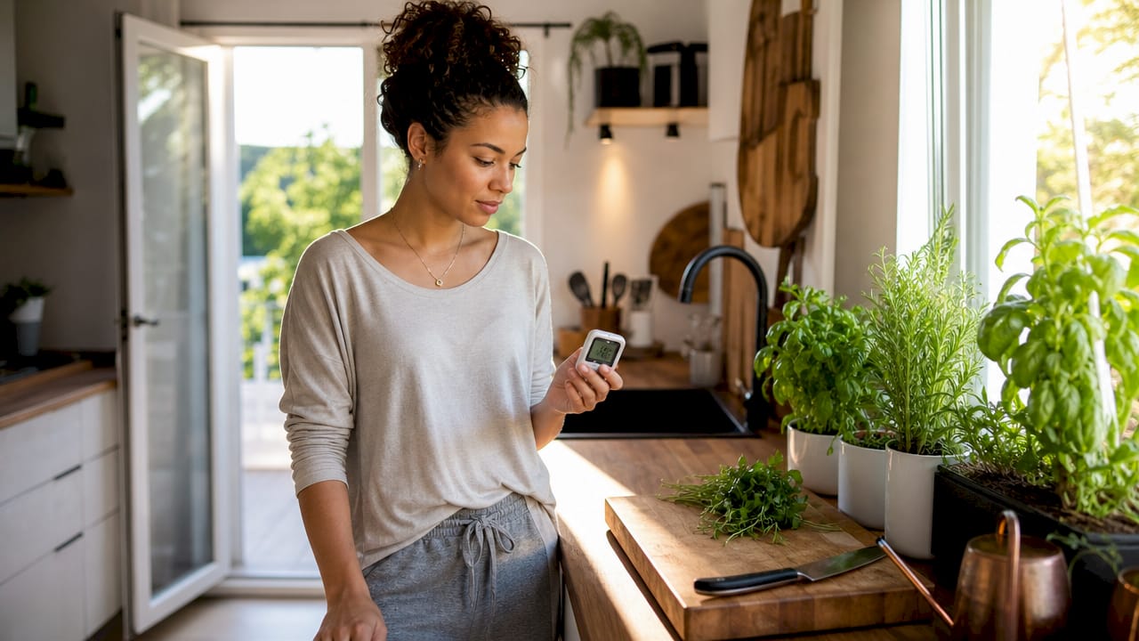 Woman using hygrometer by open window