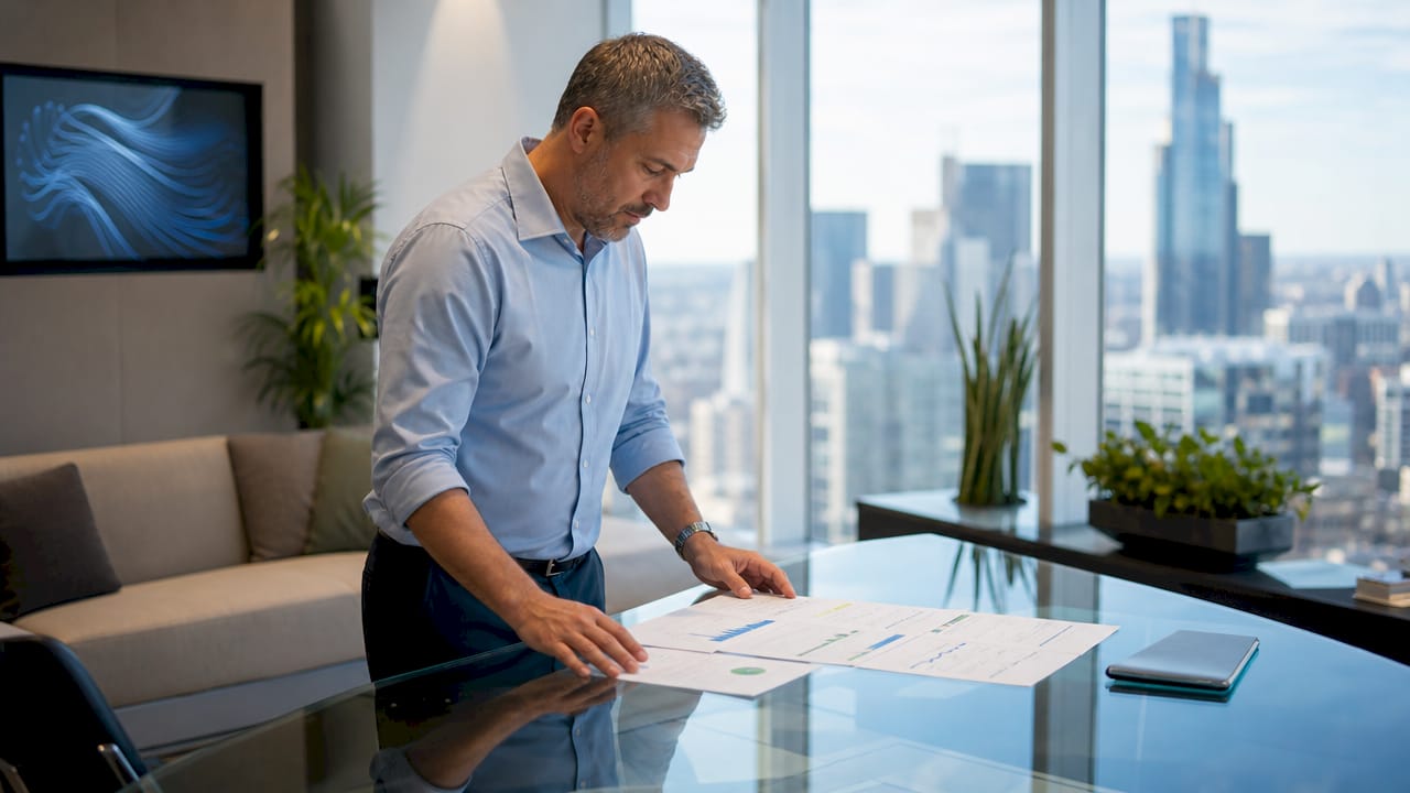 Facilities manager reviewing office air quality reports