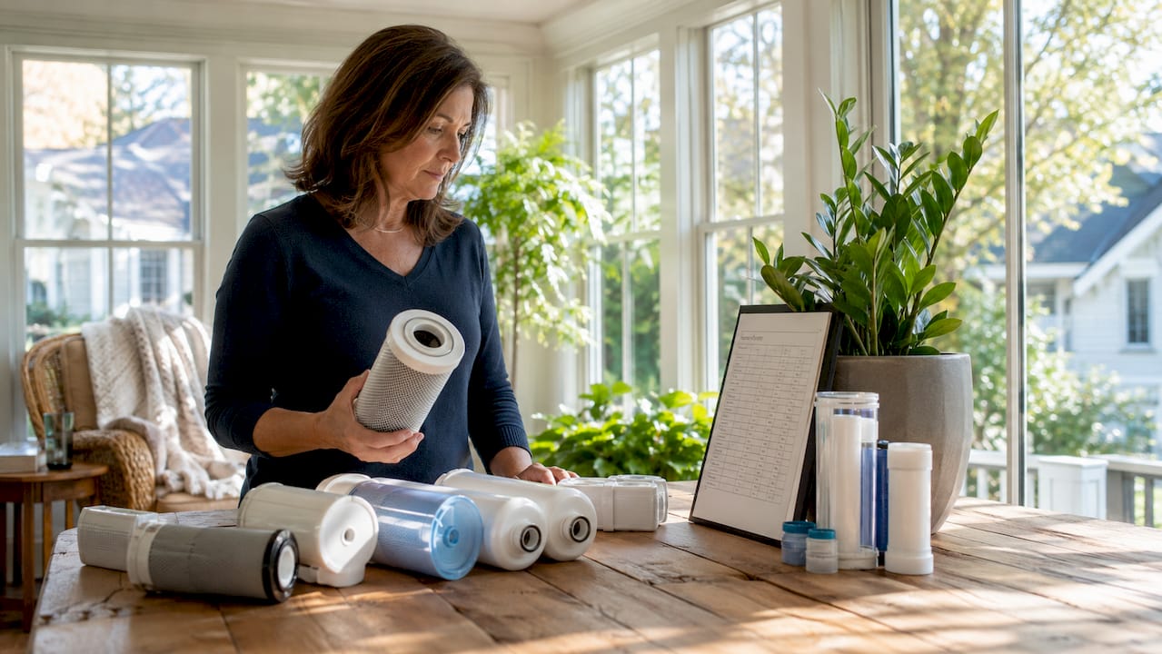 Homeowner examining water filter cartridge at kitchen table